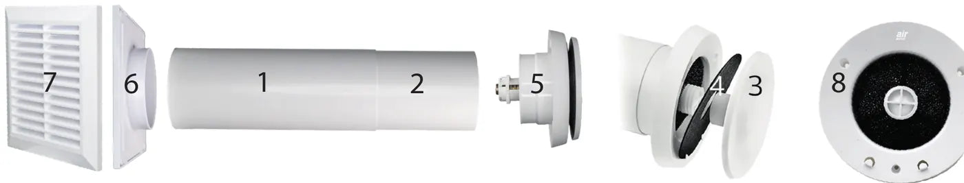 3 Ventiltallrik · 4 Backspjäll · 5 Ventilhuvud · 8 Ventilhuvudet inifrån, logon uppåt